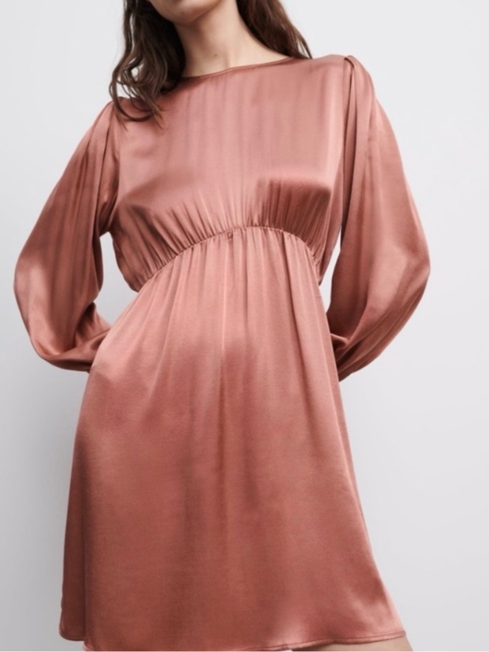 Zara Satin Long-Sleeve Mini Dress - Rose